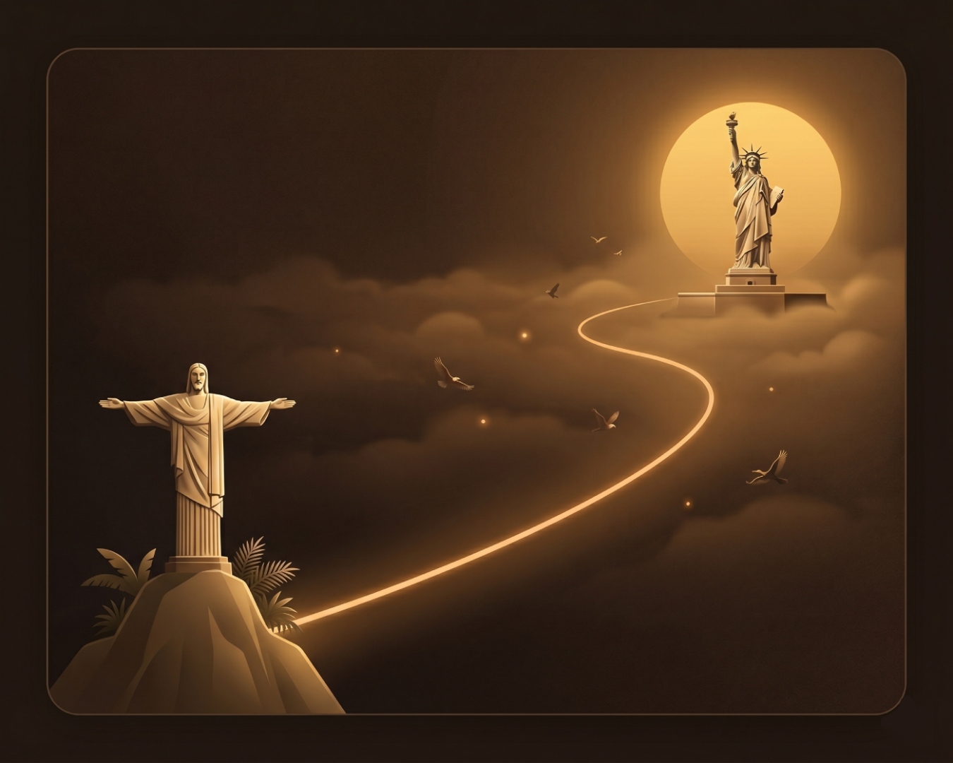 A golden dreamlike journey from Brazil to the United States, symbolizing a personal quest becoming a career.