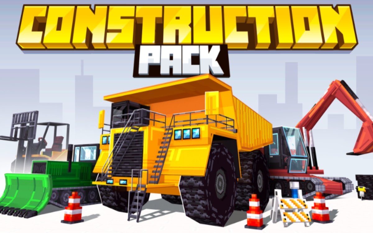 Cover art for Construction Pack, showing Minecraft construction machinery and utility vehicles.